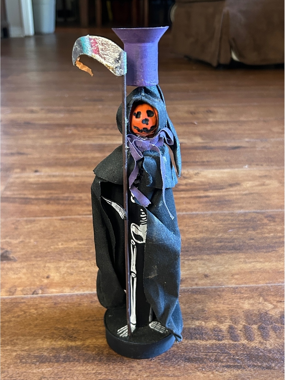 Handmade Halloween Pumpkin Head Grim Reaper Figurine with Scythe